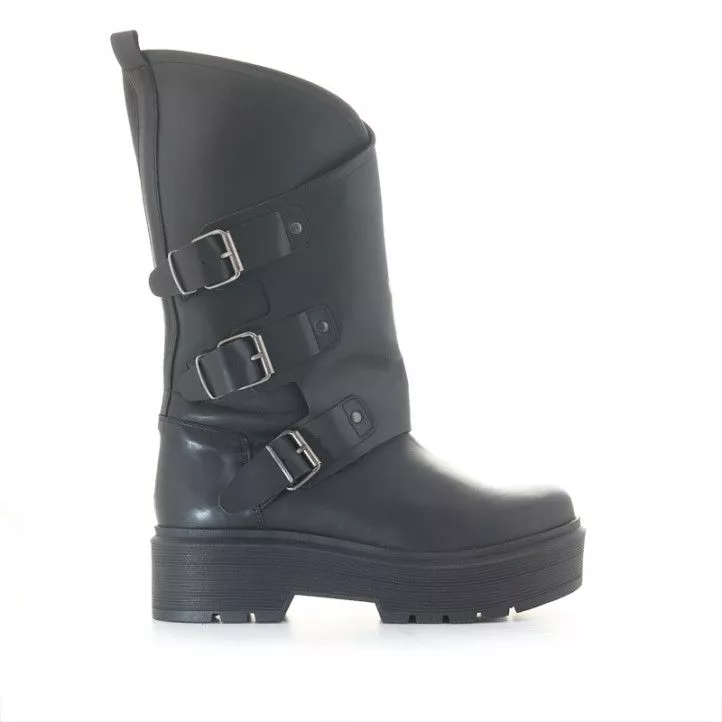 Redlove Teodora Black Leather Flat Boots with Buckles.