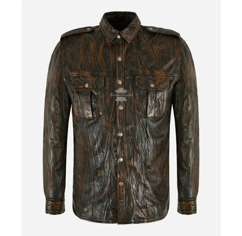 Men's Leather Shirt Classic Bronze Wrinkle Effect Leather Shacket