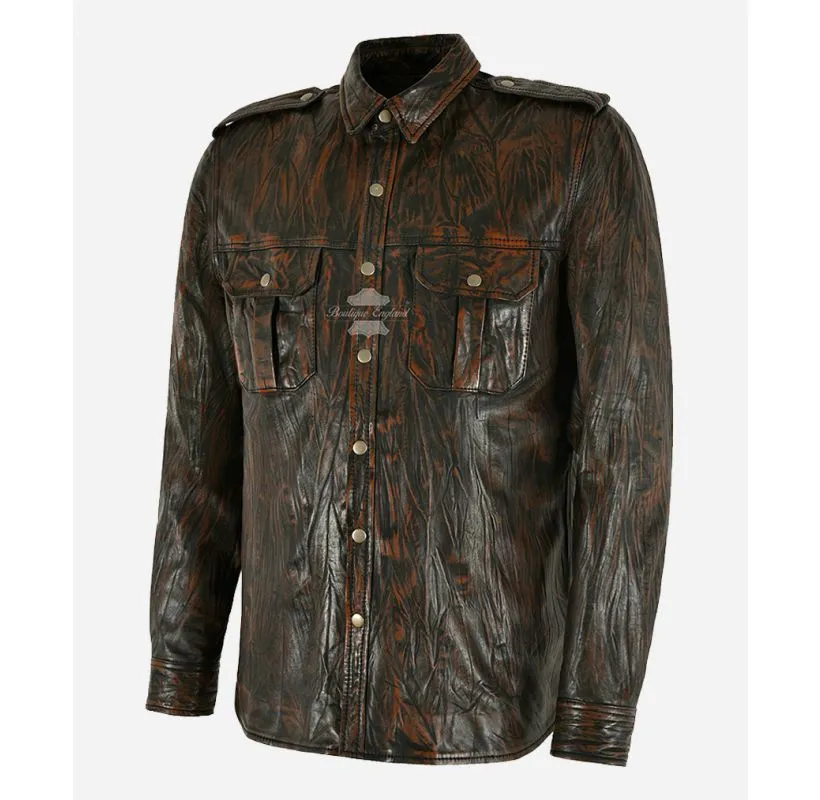 Men's Leather Shirt Classic Bronze Wrinkle Effect Leather Shacket