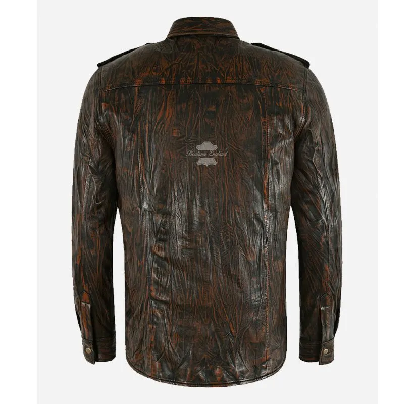 Men's Leather Shirt Classic Bronze Wrinkle Effect Leather Shacket