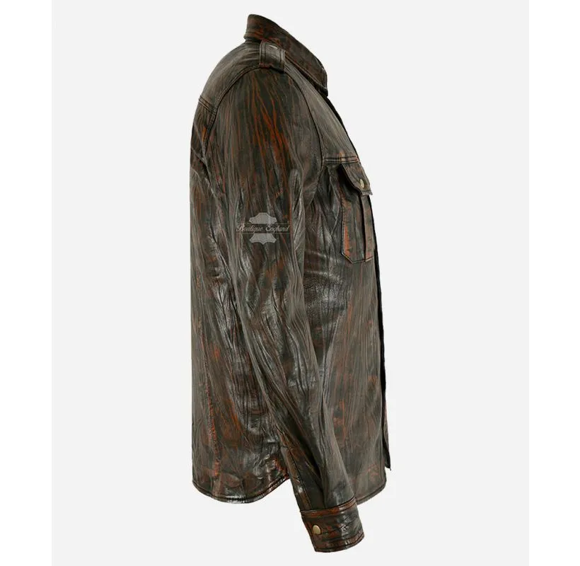 Men's Leather Shirt Classic Bronze Wrinkle Effect Leather Shacket